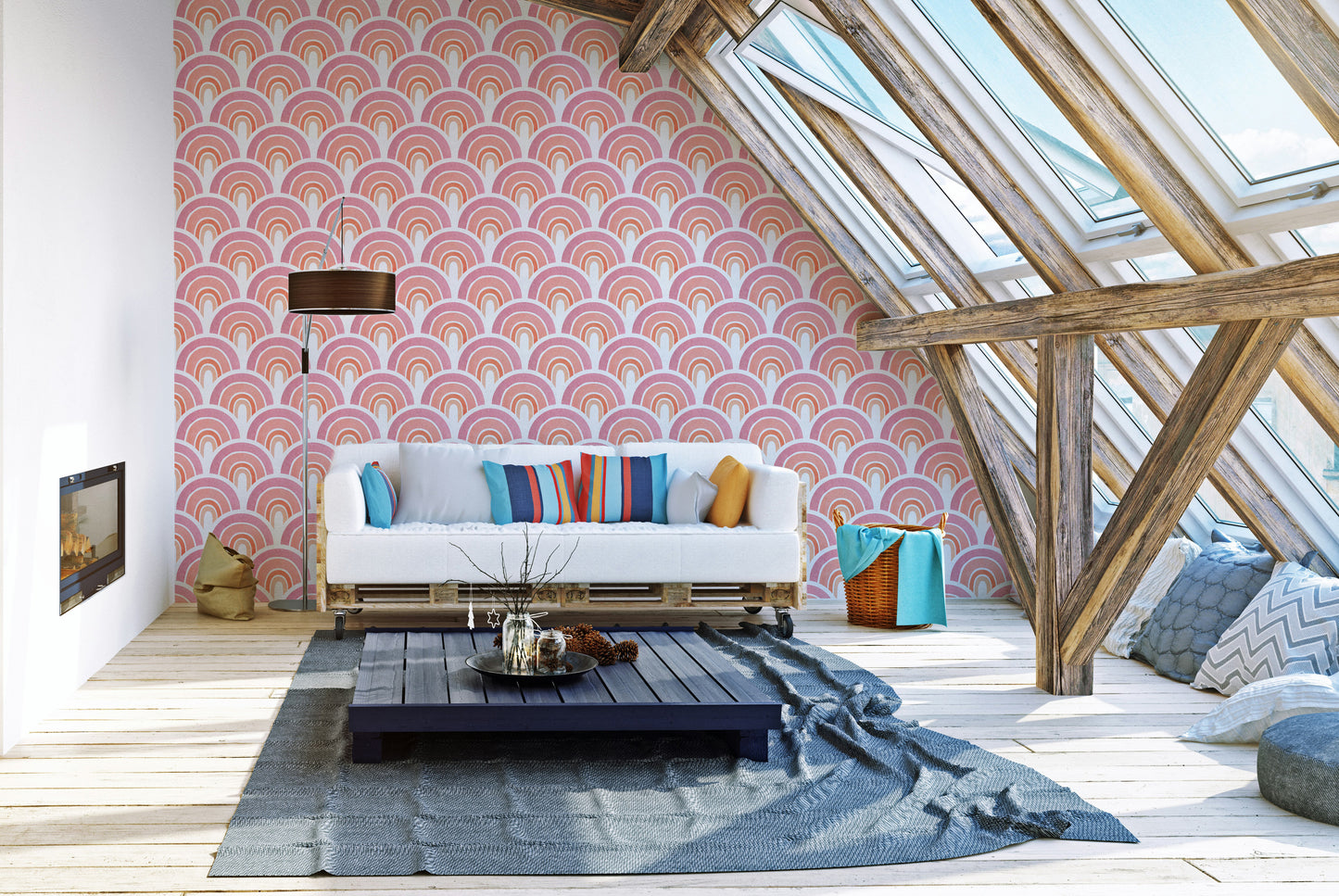 Whimsical kids' wallpaper with rainbows