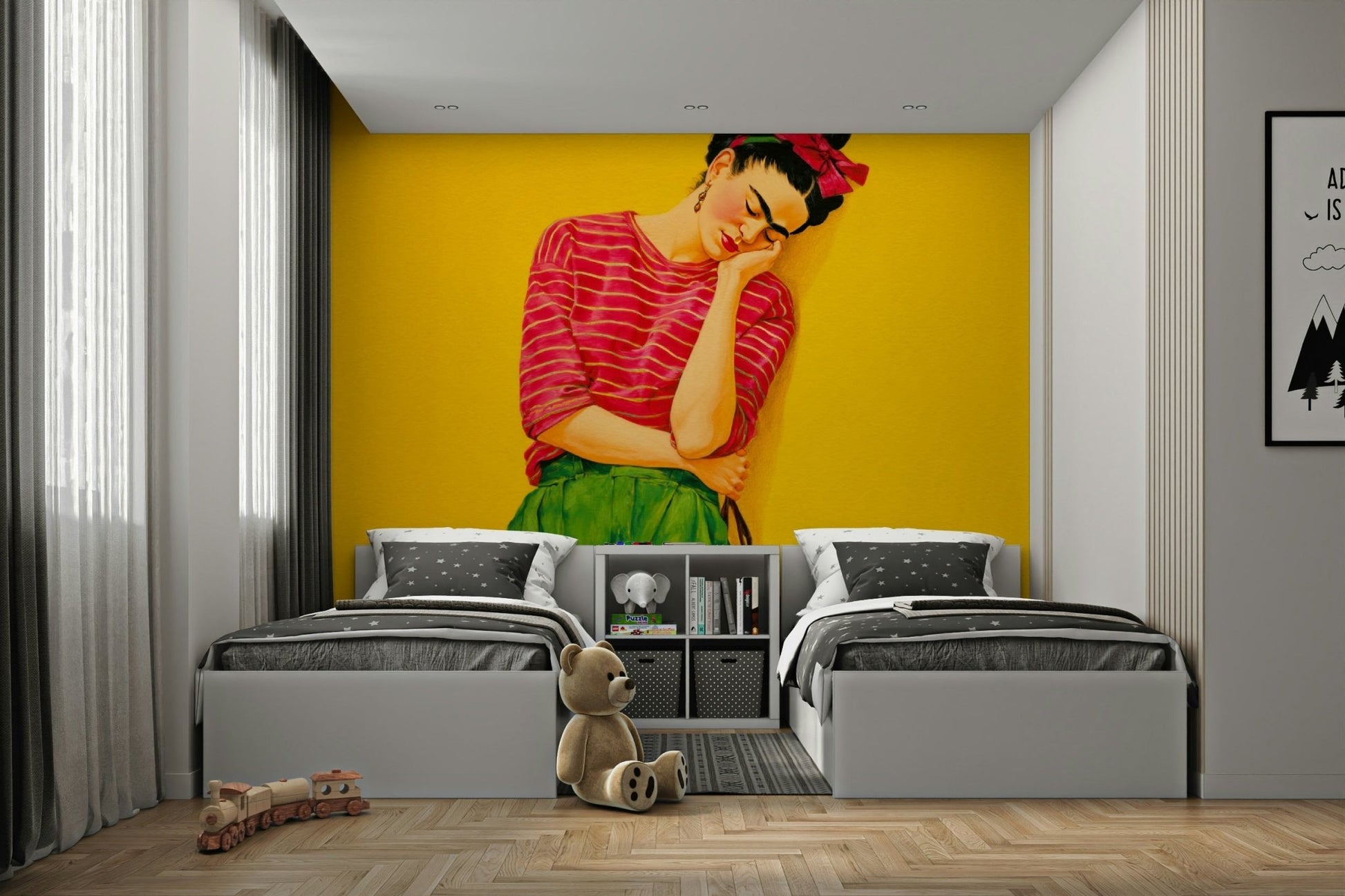 Neutral abstract art mural in modern space

