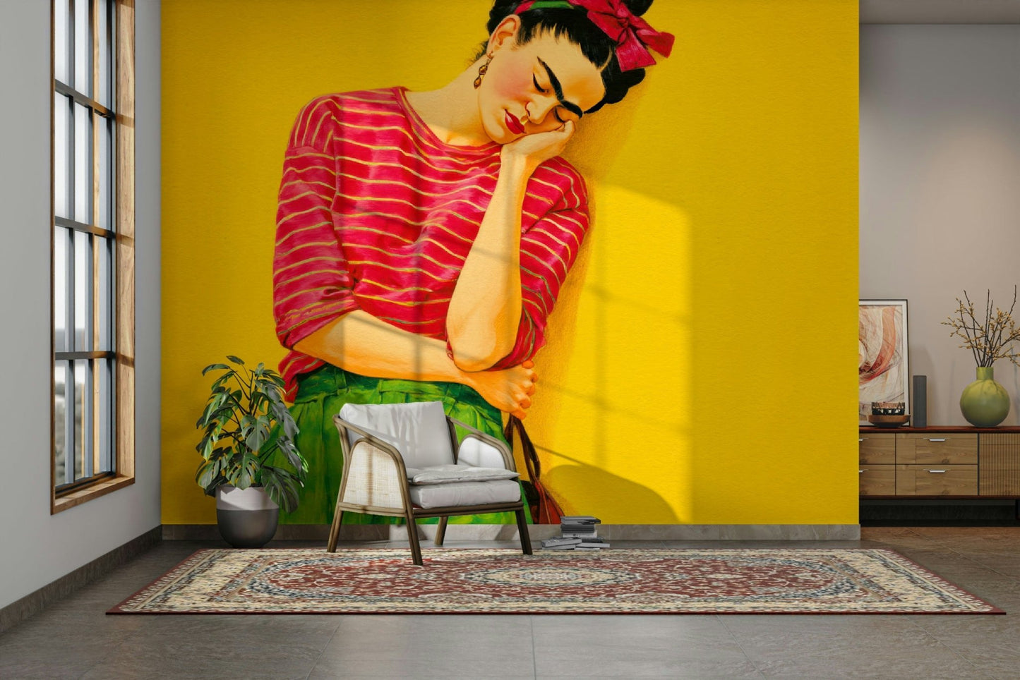 Mural with watercolor-like texture and calm tones

