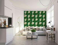 Features large, stylized flowers in cream color.
