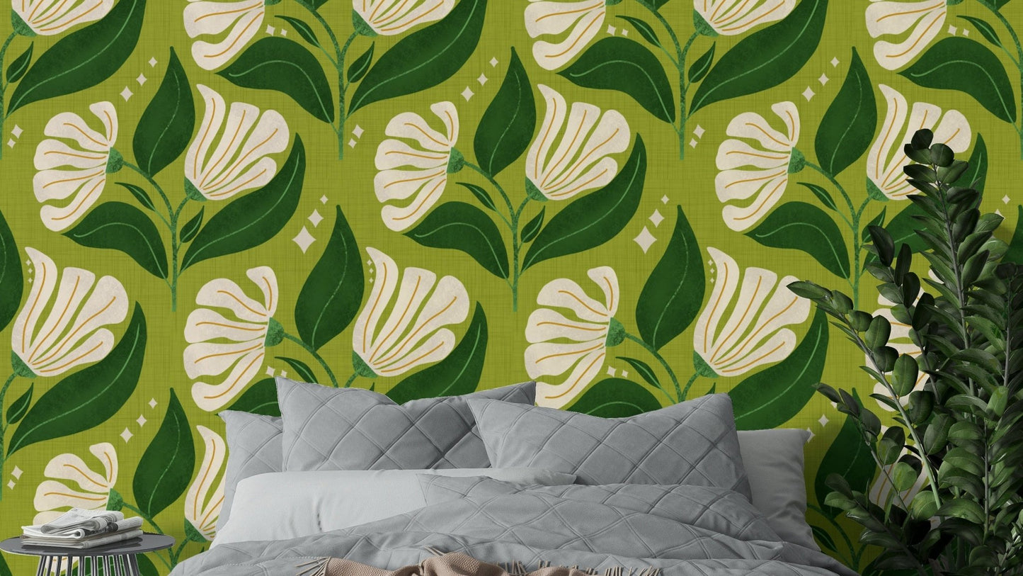 A bold, retro-themed floral wallpaper pattern.
