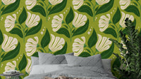 A bold, retro-themed floral wallpaper pattern.
