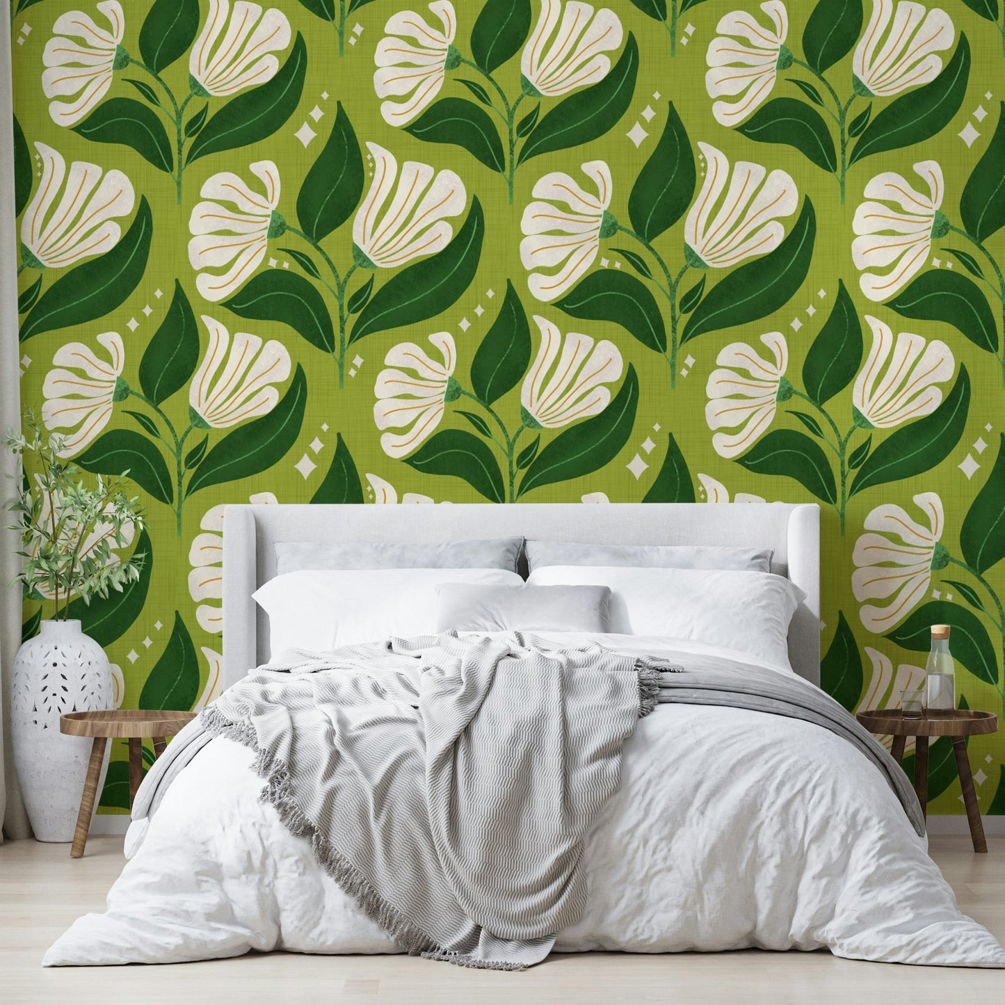 The background is a distinctive avocado green.
