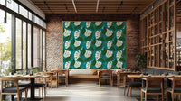 Features large, stylized flowers in cream color.
