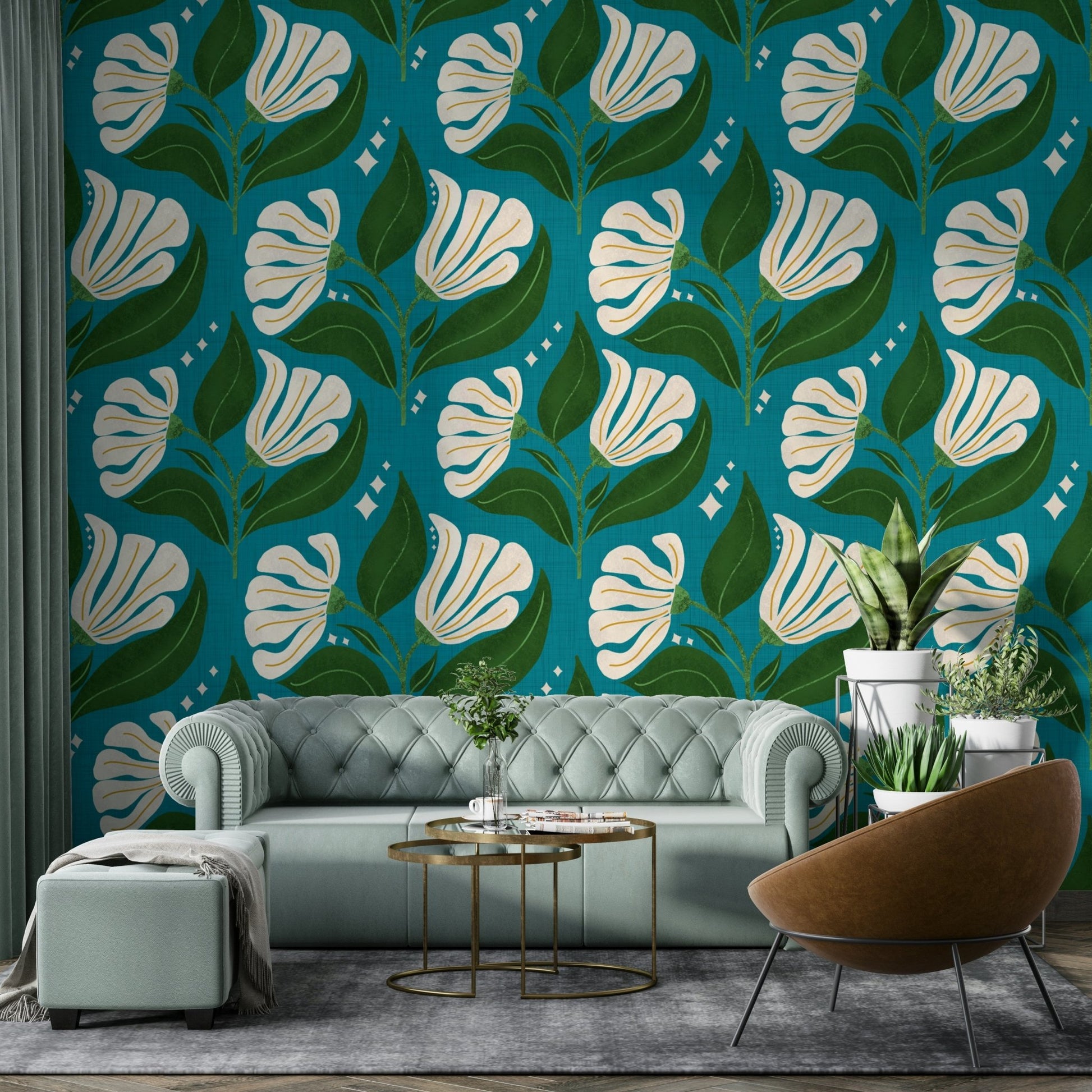 The background is a distinctive avocado teal.
