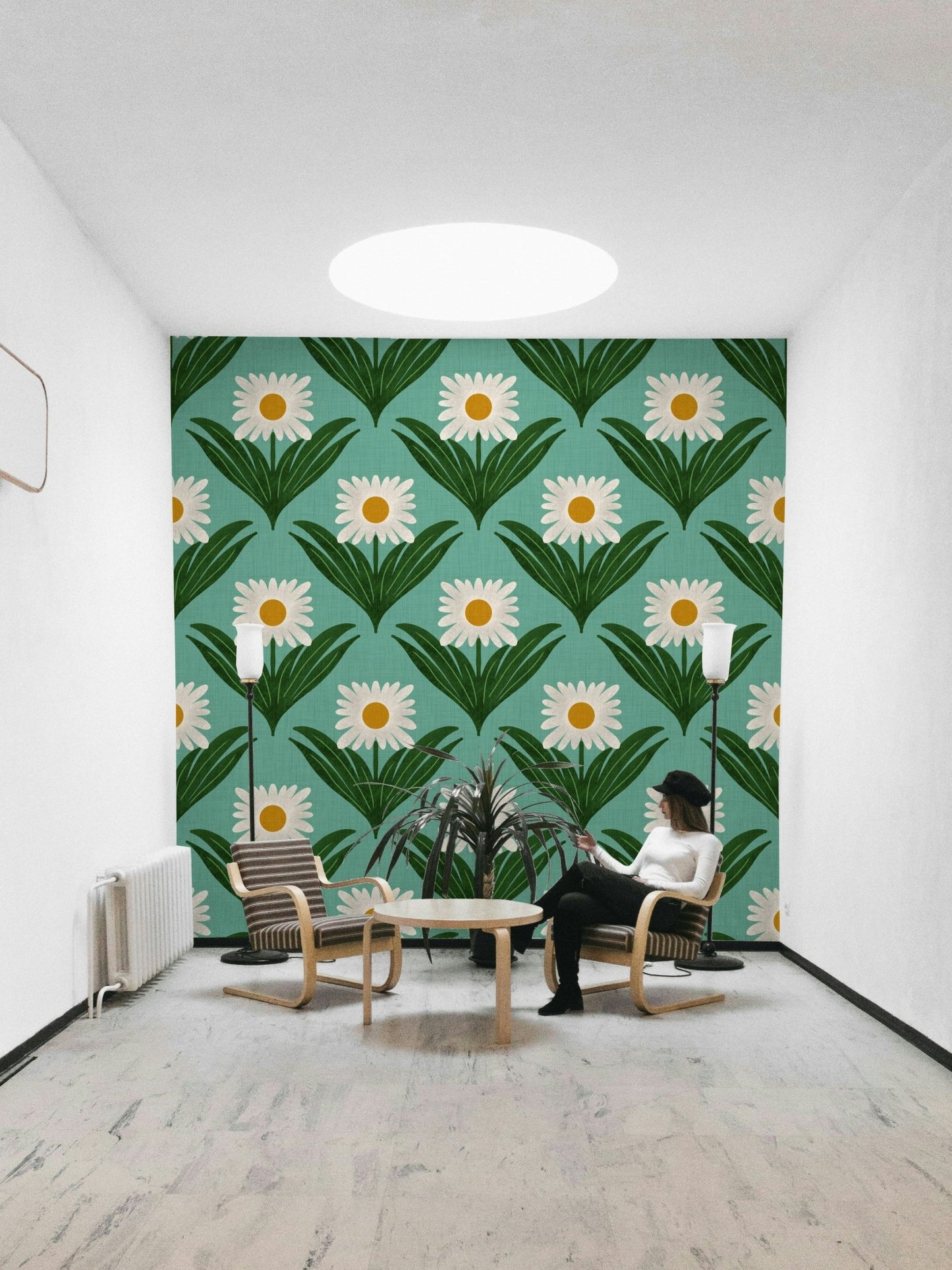 Features large, stylized daisy flowers and other mod florals.
