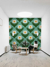 Features large, stylized daisy flowers and other mod florals.
