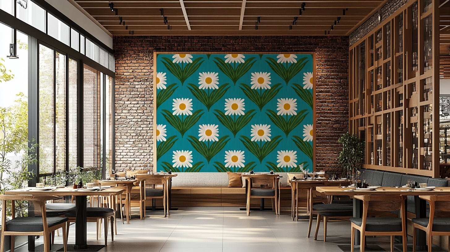 Features large, stylized daisy flowers and other mod florals.
