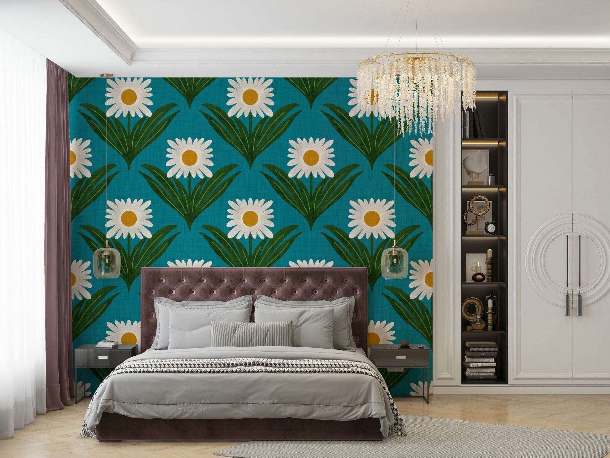 The background is a striking teal.
