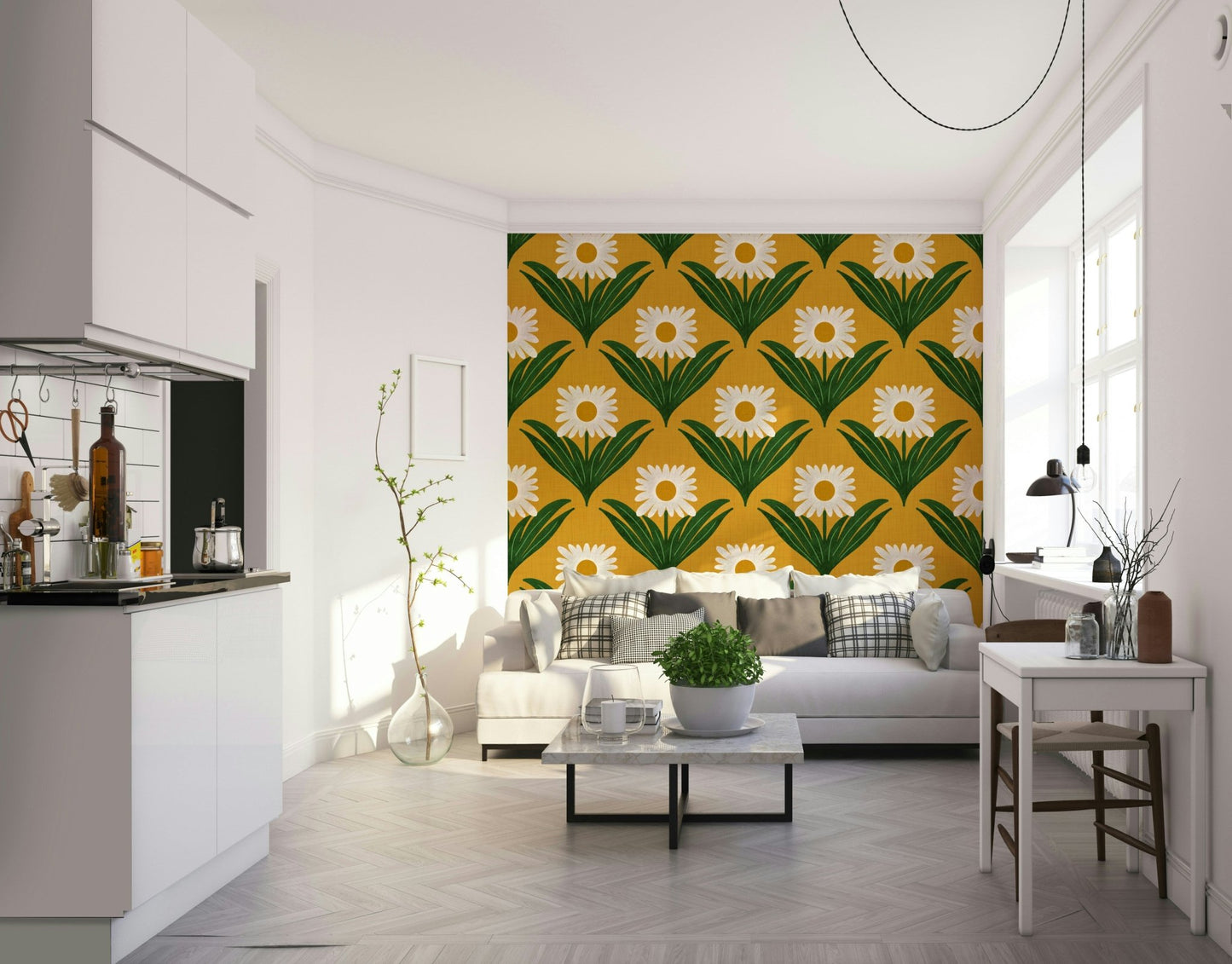 Features large, stylized daisy flowers and other mod florals.
