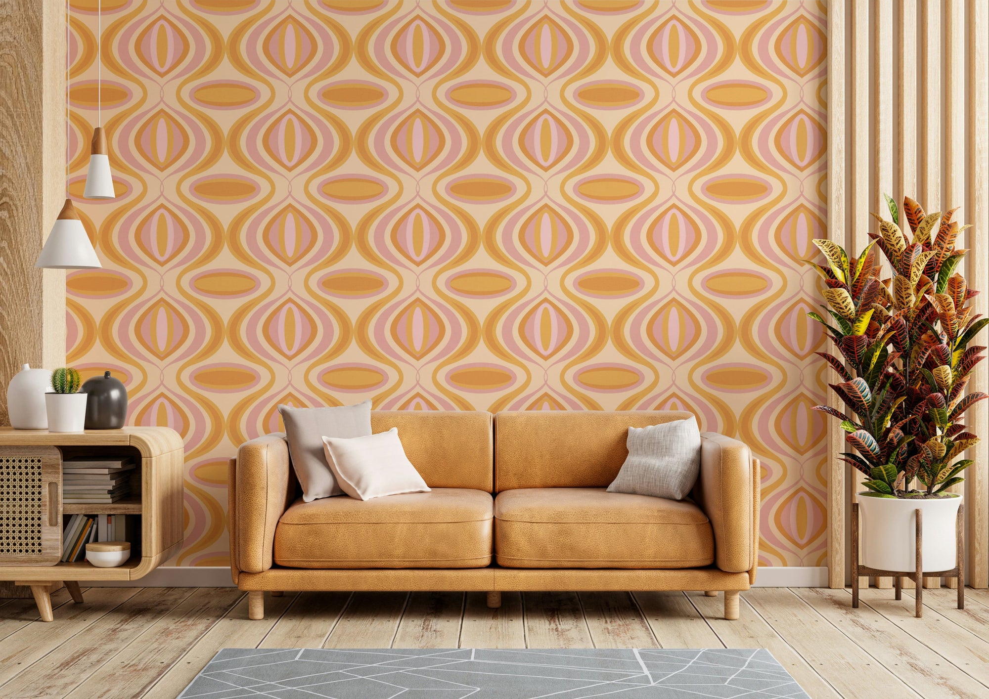 A wallpaper with a wavy, flowing pattern of wiggly lines.
