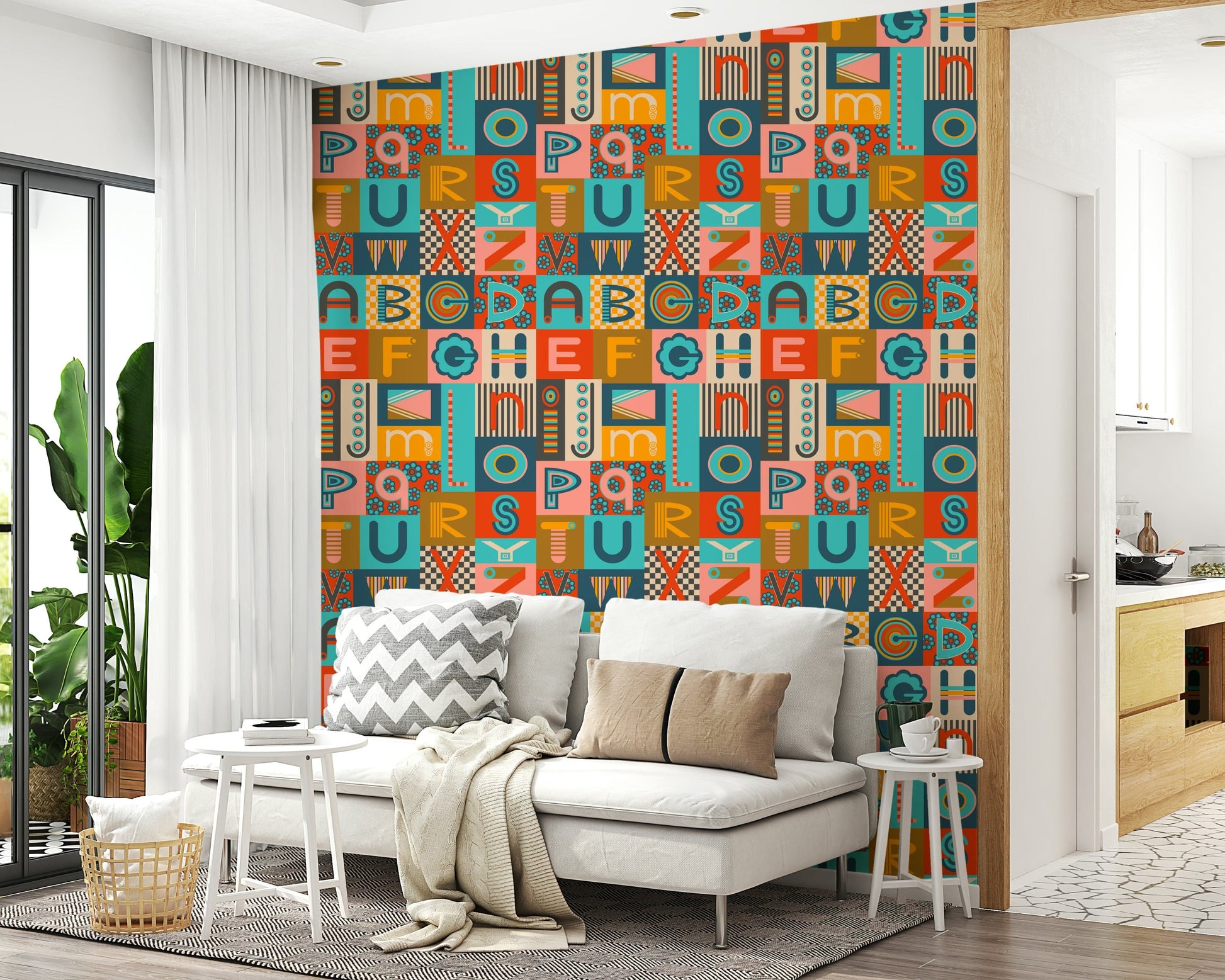Graphic Lettering Postmodern wallpaper geometric alphabet groovy pattern kids’ decor lively.