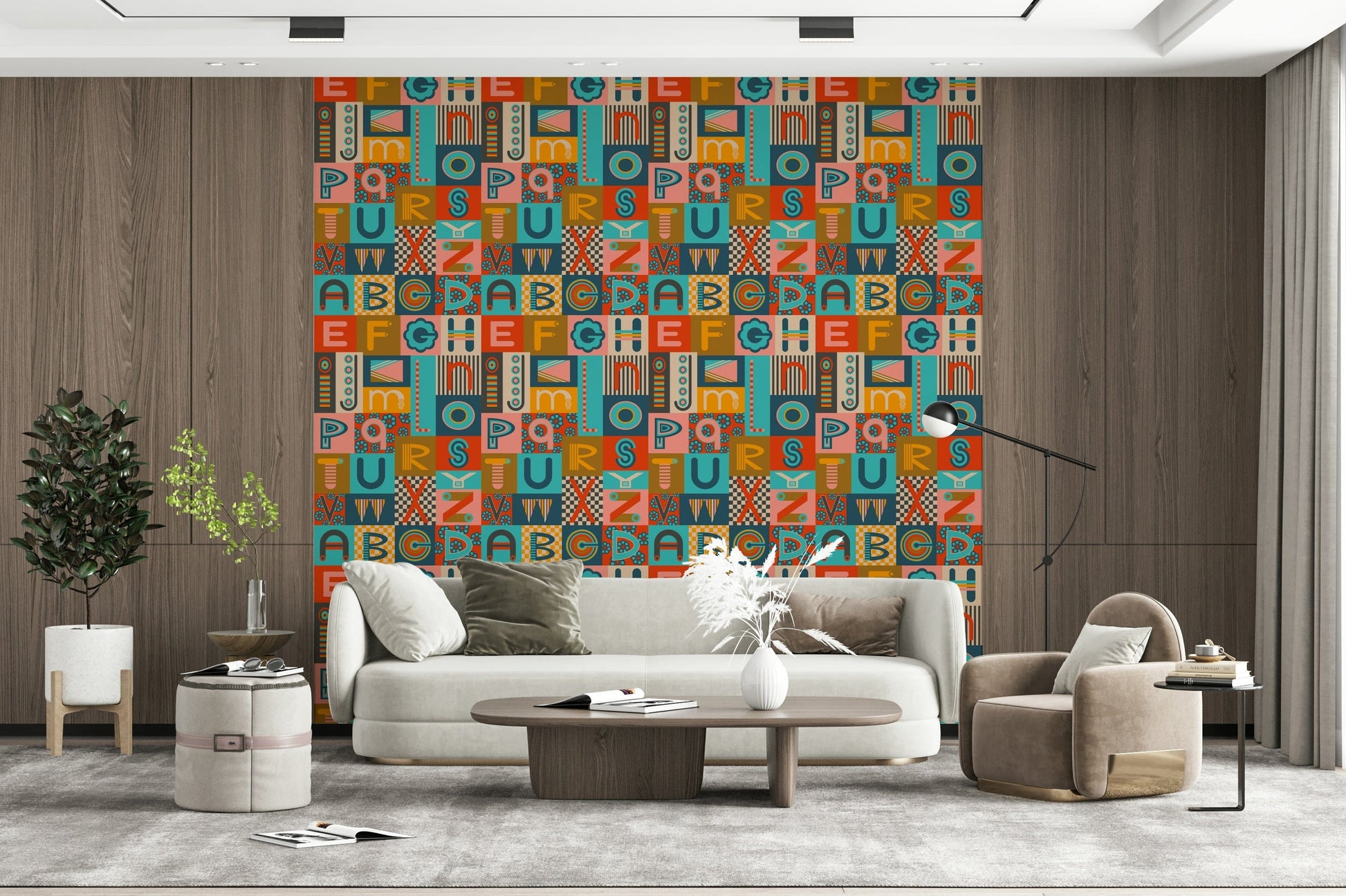 ABCs Retro Alphabet wallpaper bold geometric letters mod design funky educational print.