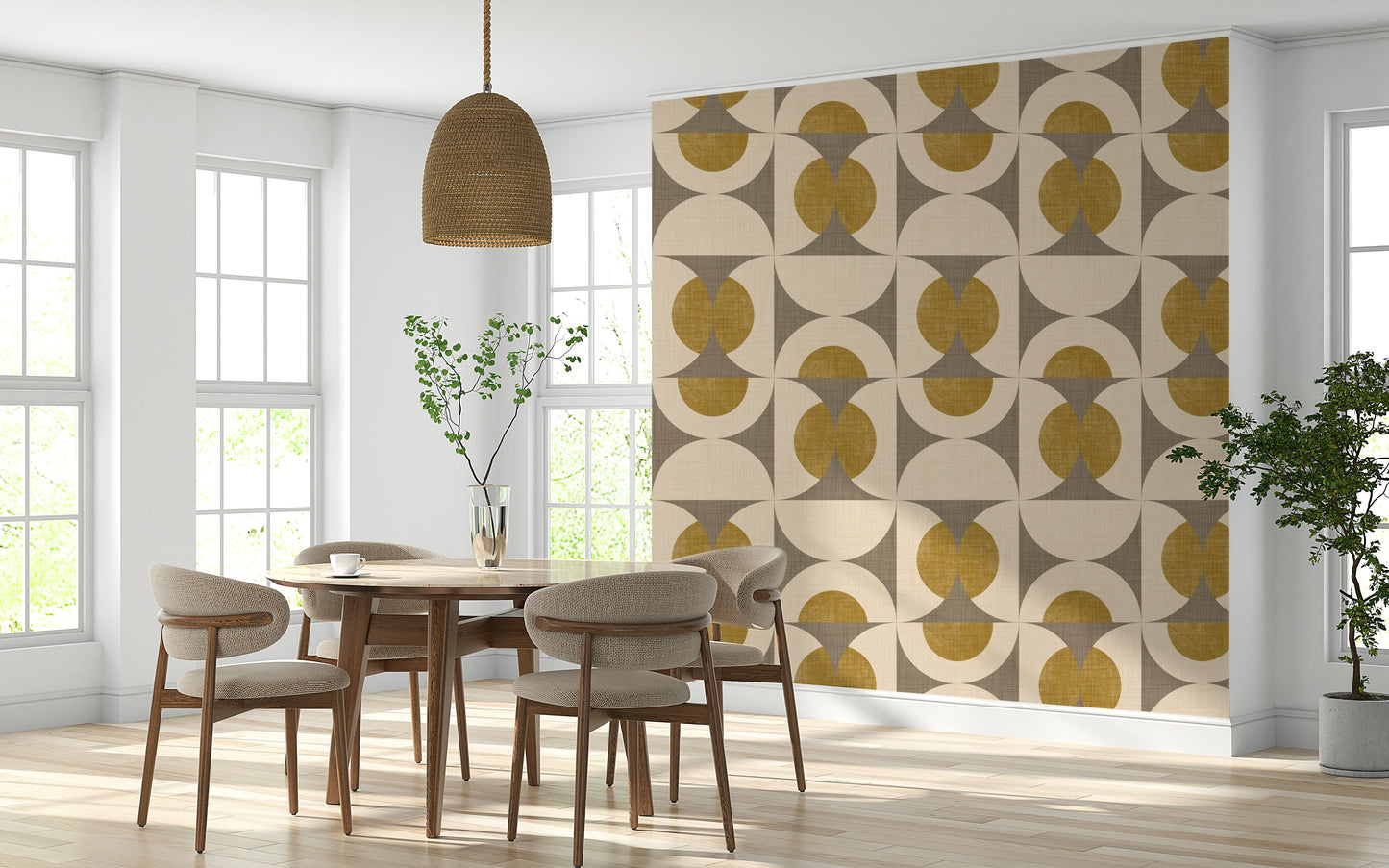 Mid-century geometric design featuring layered arcs and rounded shapes in muted earthy tones