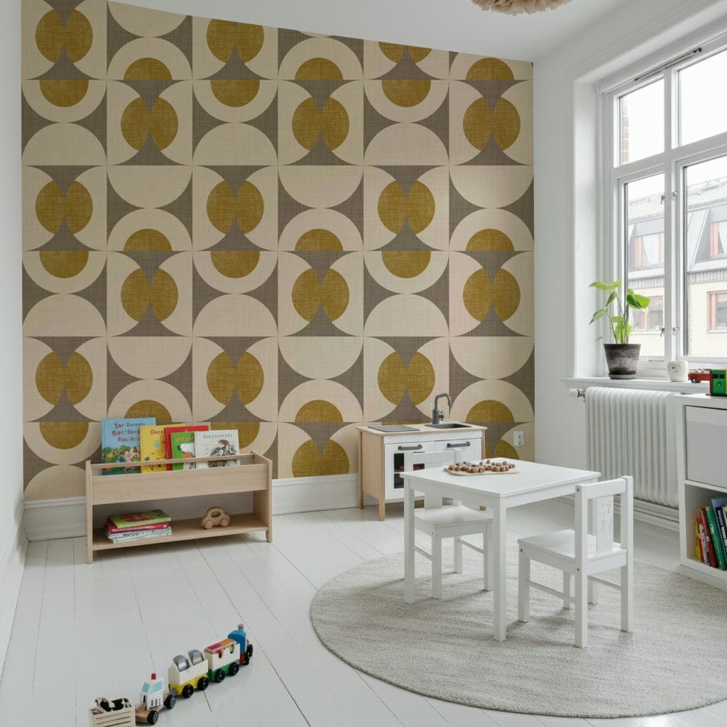 Mid-century modern arcs wallpaper featuring mustard yellow circles and gray geometric shapes on a cream background