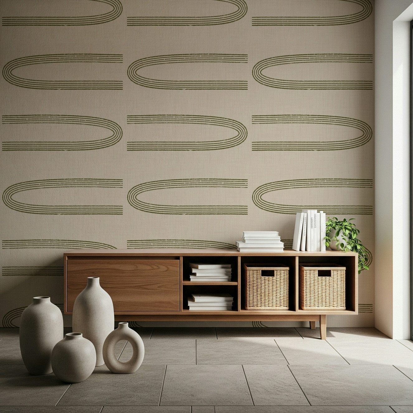 A beautiful mid-century geometric wallpaper mural in sage and olive.

