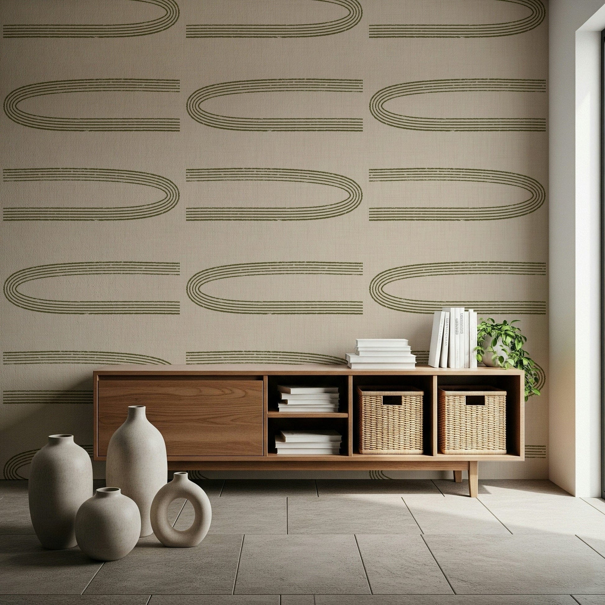 A beautiful mid-century geometric wallpaper mural in sage and olive.

