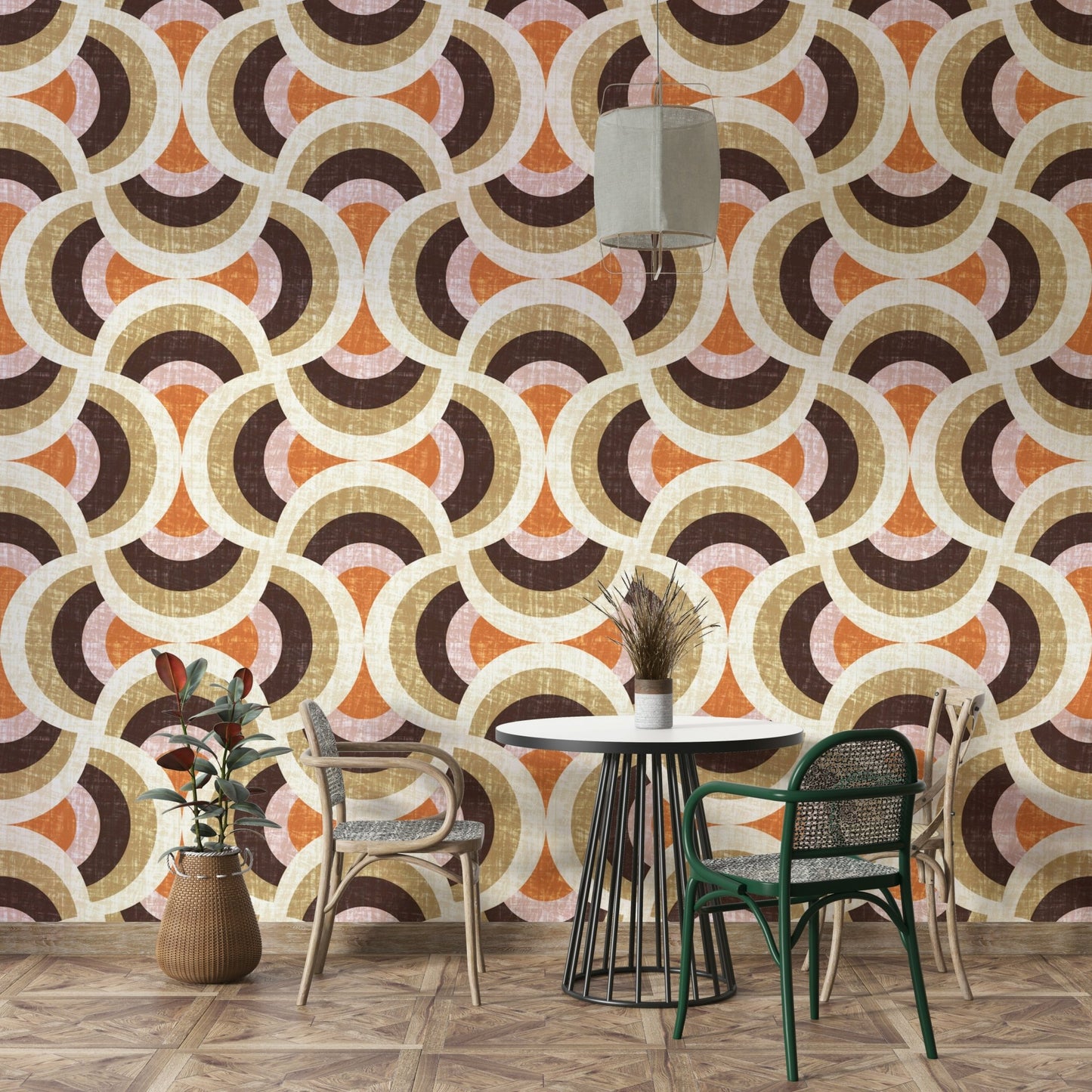 Colors are warm earth tones: browns, beiges, muted oranges, greens.
