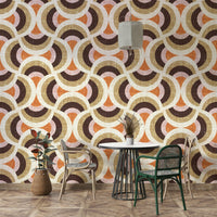 Colors are warm earth tones: browns, beiges, muted oranges, greens.
