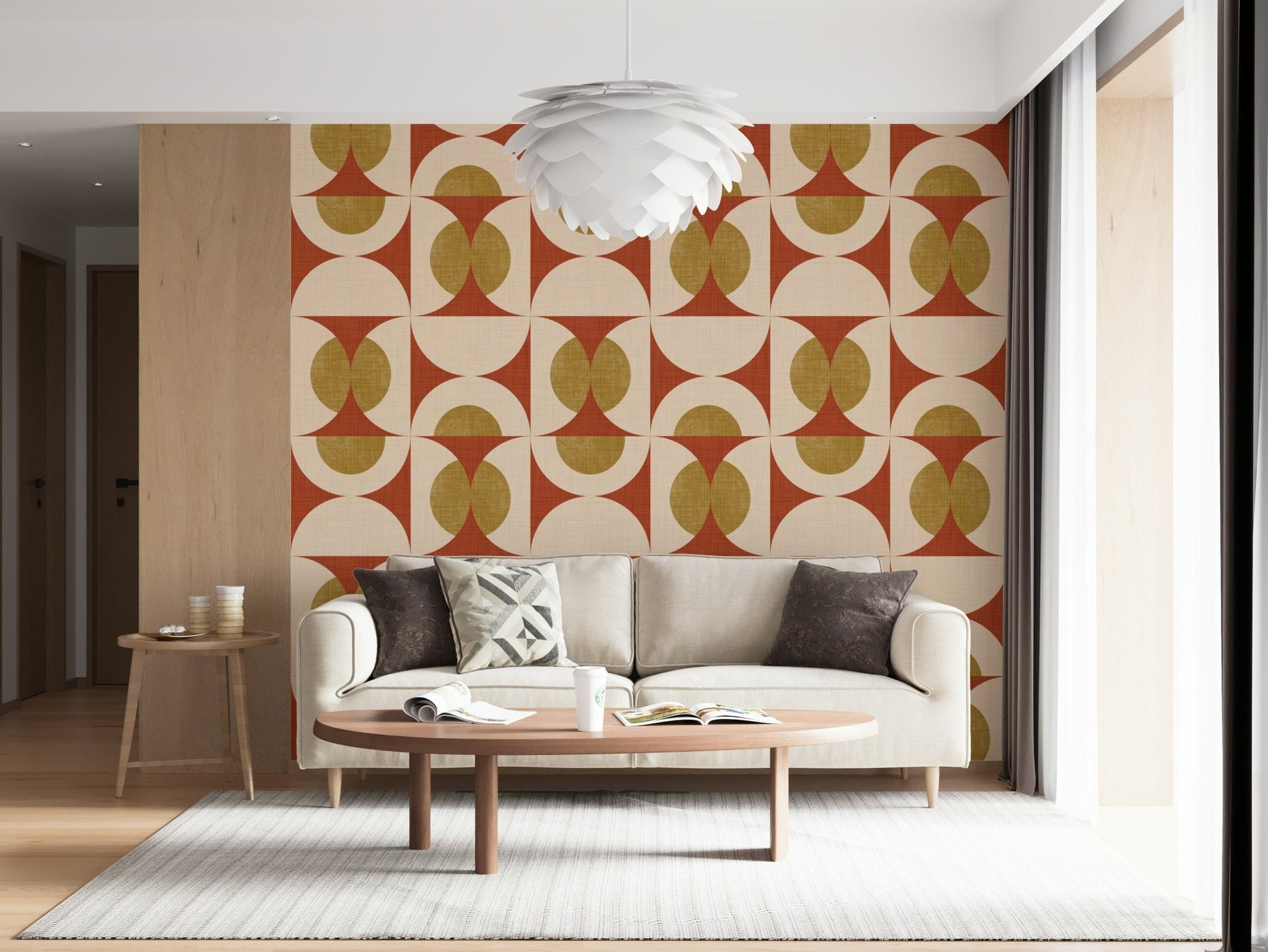 Warm-toned arcs and circles wallpaper with a classic mid-century aesthetic.