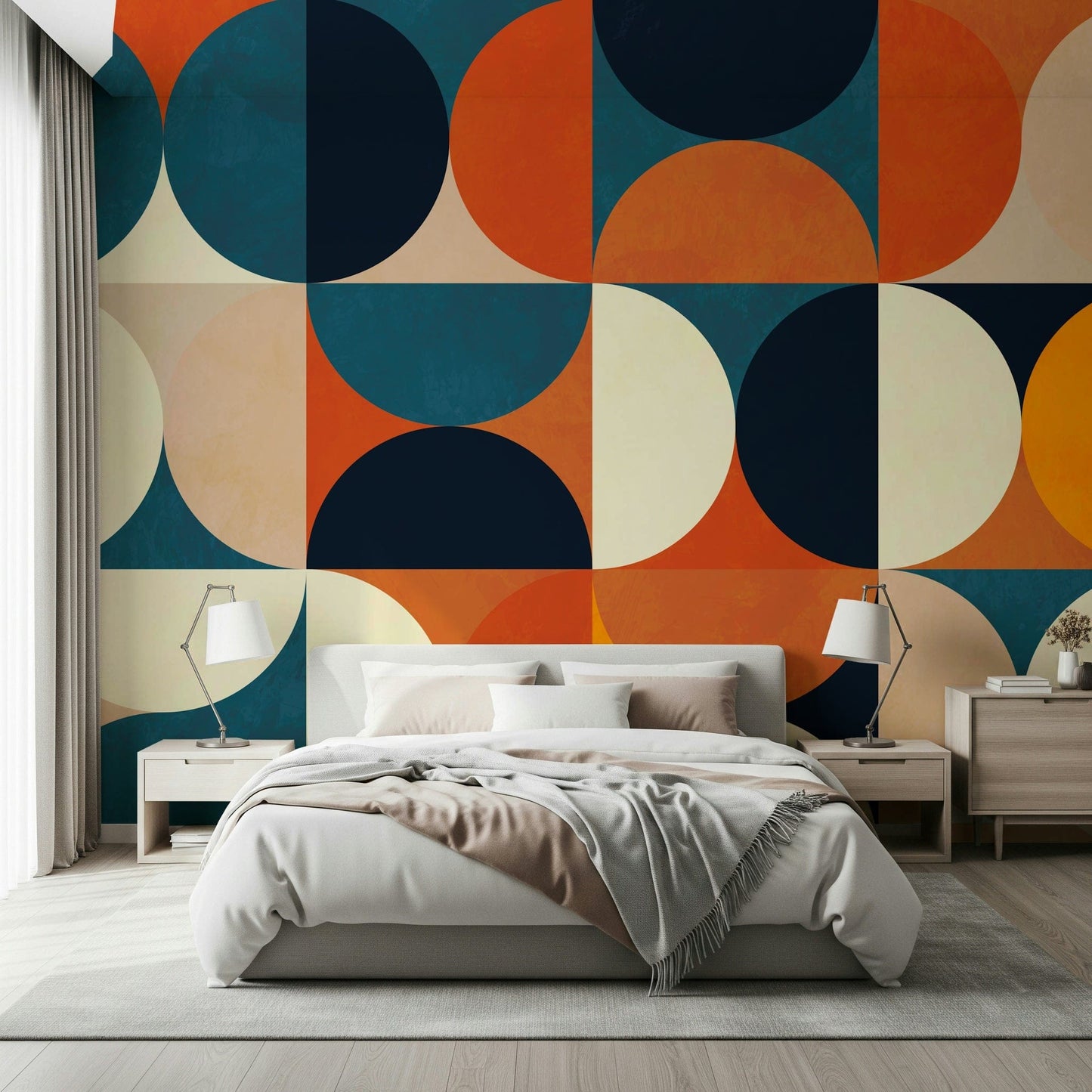 A peaceful retro abstract mural on decorative wallpaper.