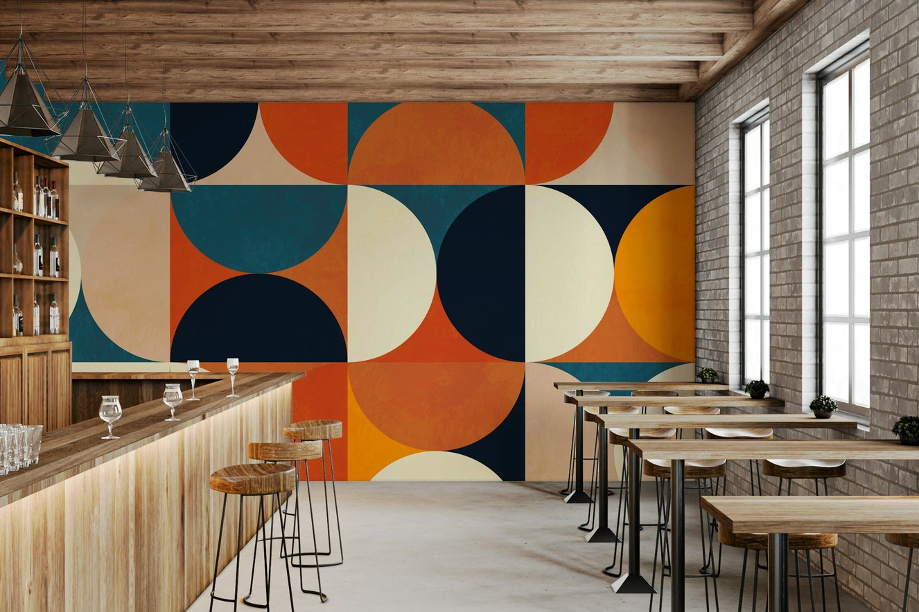 A graceful subtle arc wall mural in cool, bold tones.