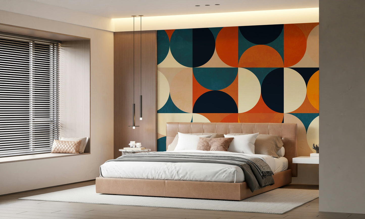 A contemplative geometric design wallpaper mural for a feature wall.