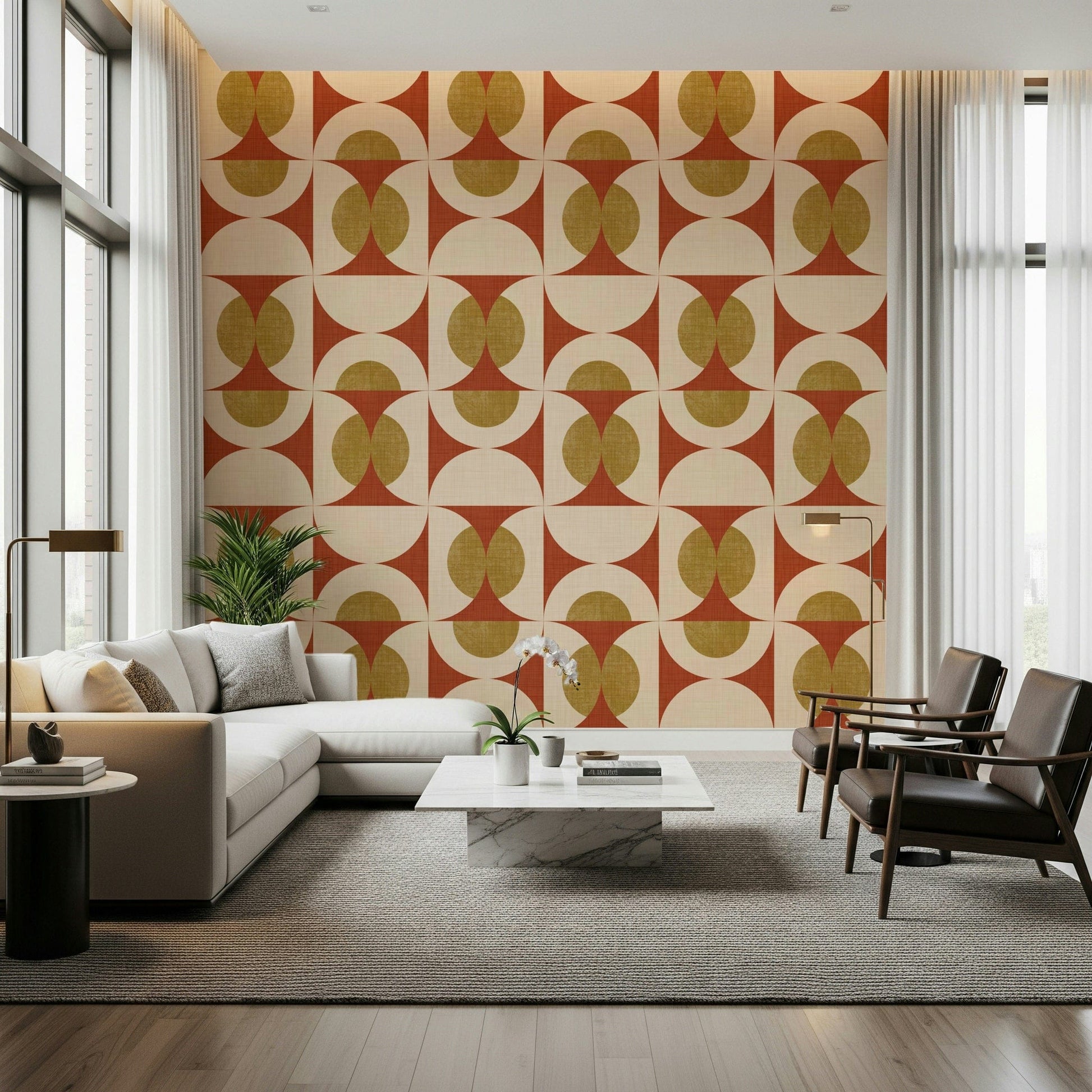 Textured geometric wallpaper with repeating circular motifs in warm vintage colors.