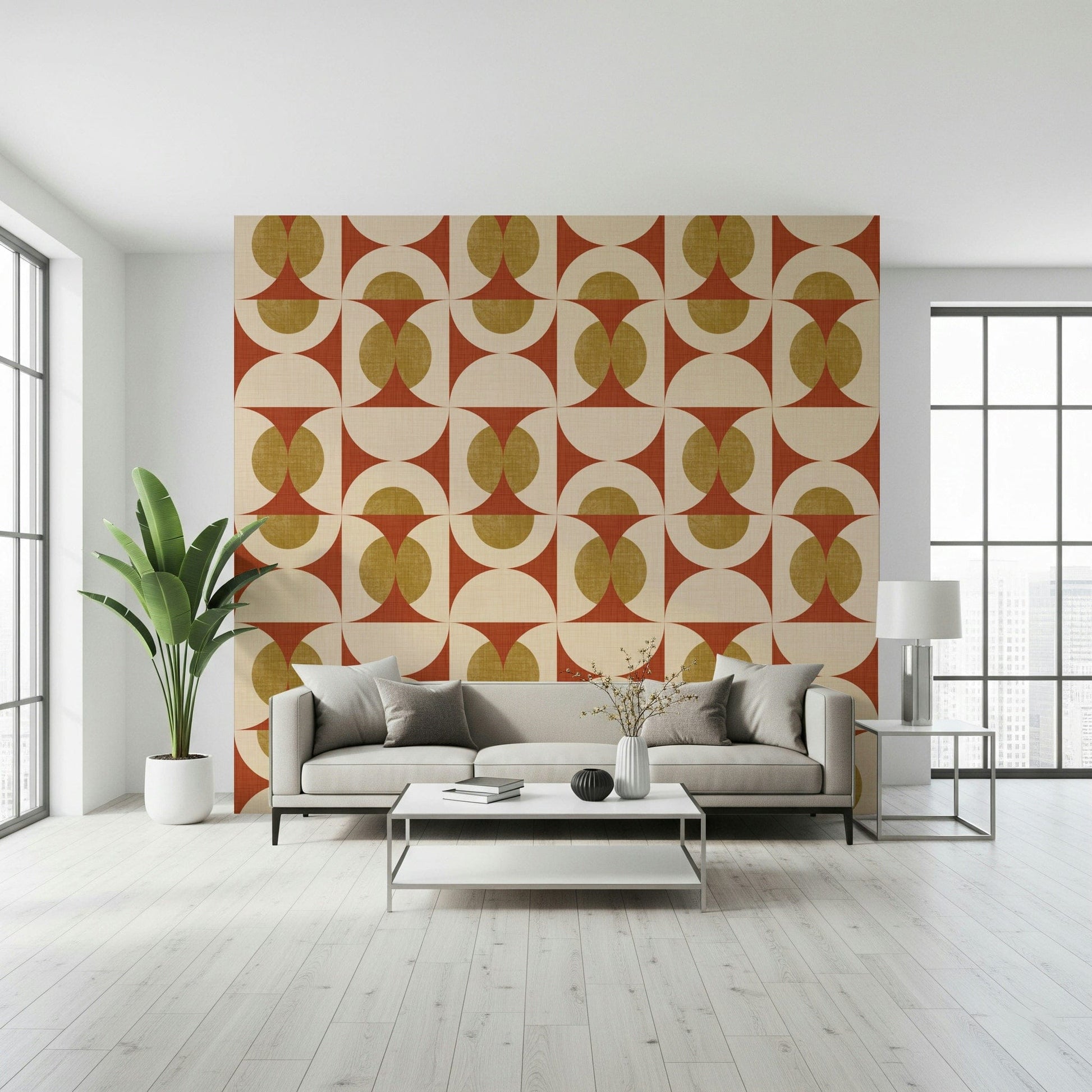 Mid-century style wallpaper with bold arcs and circular motifs in earthy colors.