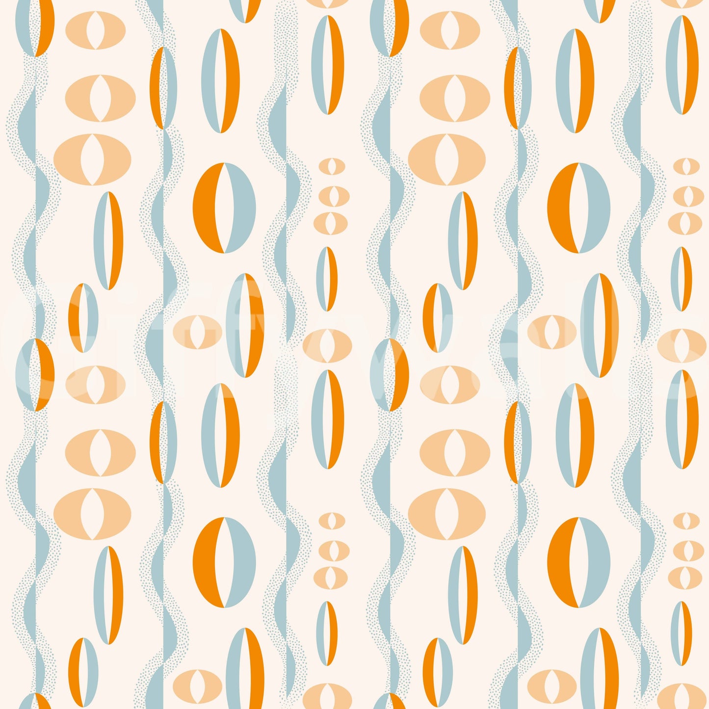 Atomic-inspired wallpaper with bold oval shapes and dotted wave lines for a vintage look.