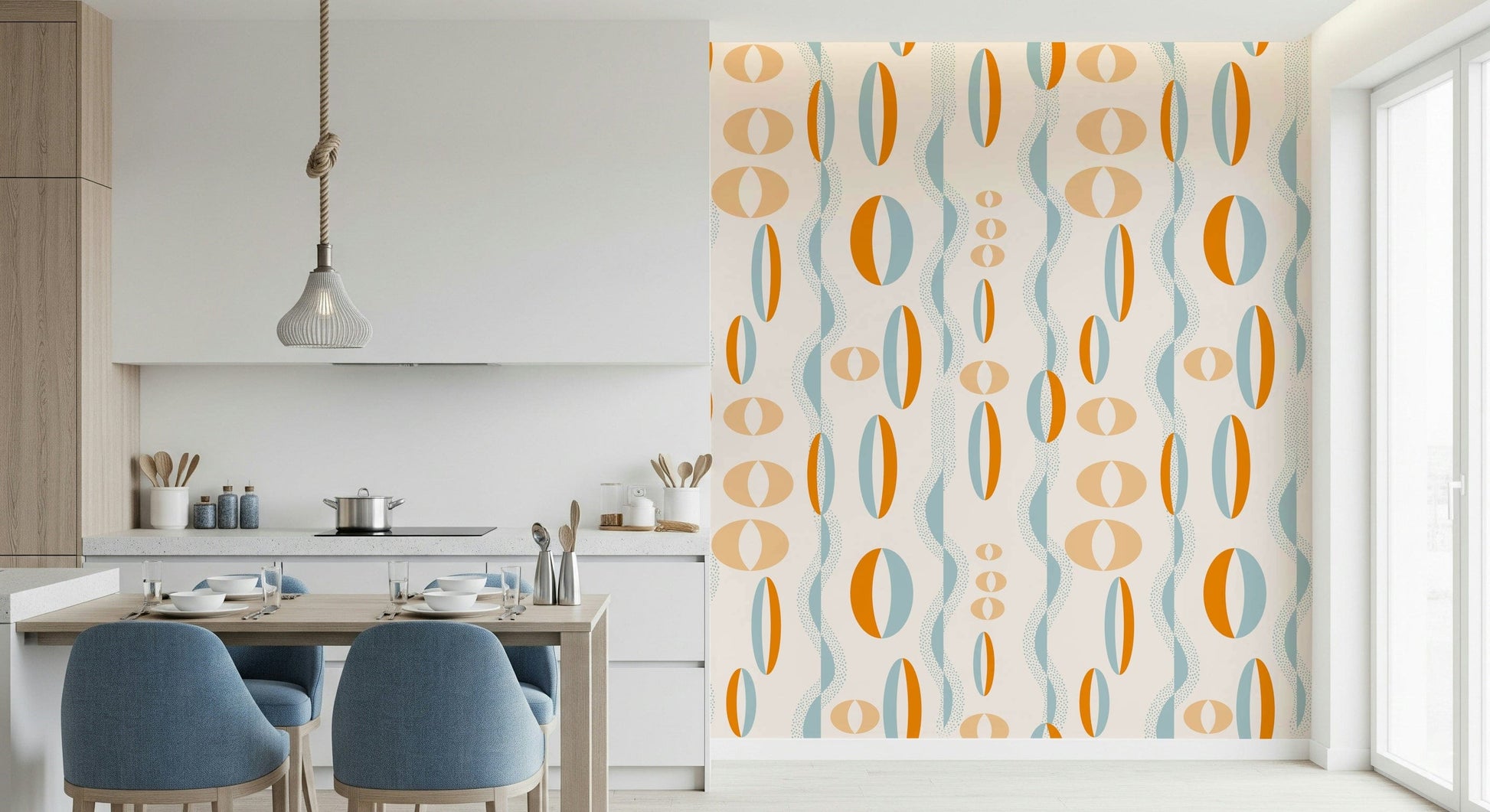 A stylish mid-century wallpaper showing repeating oval patterns in a modern retro color scheme.