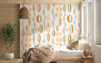 Retro atomic wallpaper displaying vertical rows of geometric ovals and dotted curves.