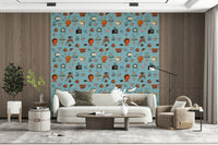 Illustrated Wallpaper for Walls, Atomic Retro Style, Teal Base.
