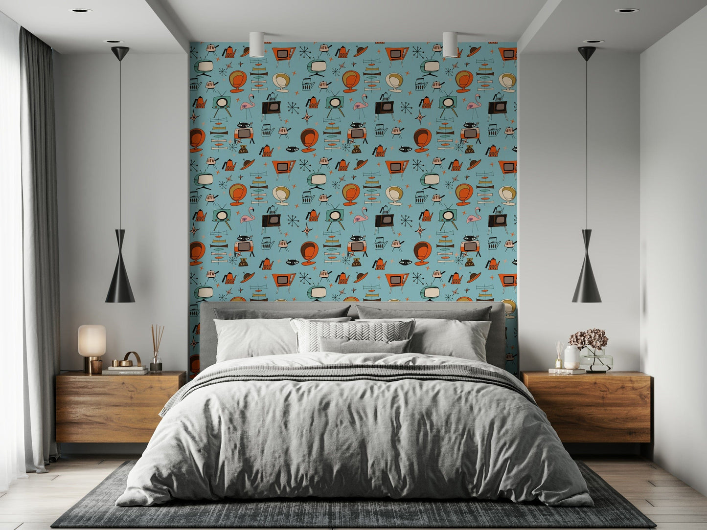 Vibrant Atomic Retro Design, Nostalgic Pop Culture Wallpaper.