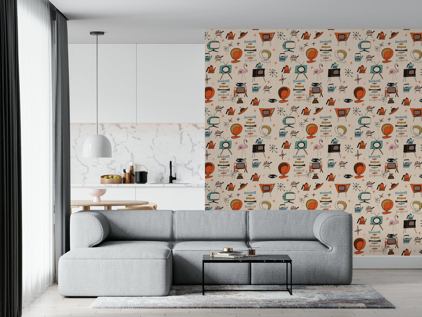 Whimsical Living Kitsch Beige Wall Mural, Retro Pop Culture Icons.