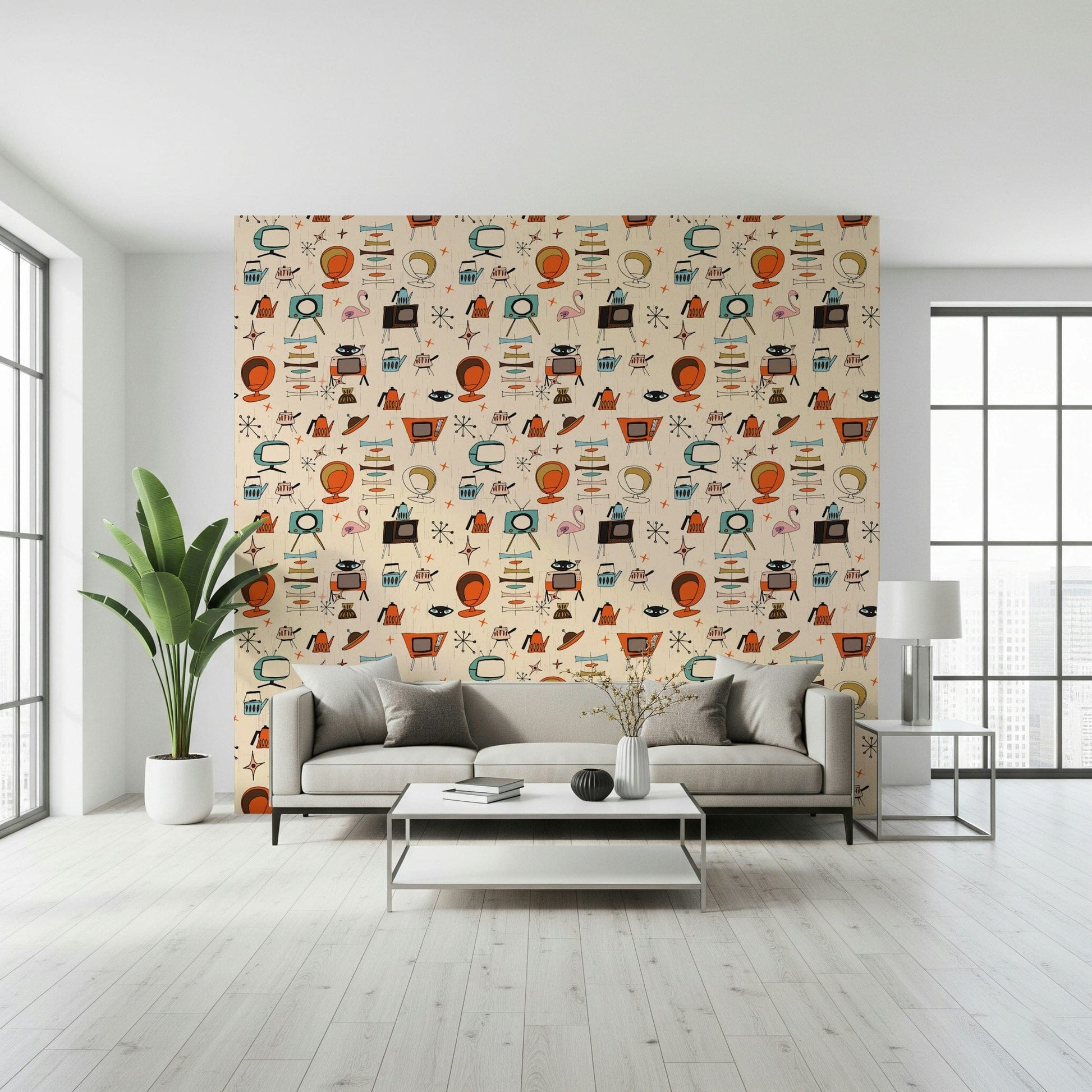 Cartoonish Wallpaper for Walls, Atomic Retro Motifs, Beige Ground.