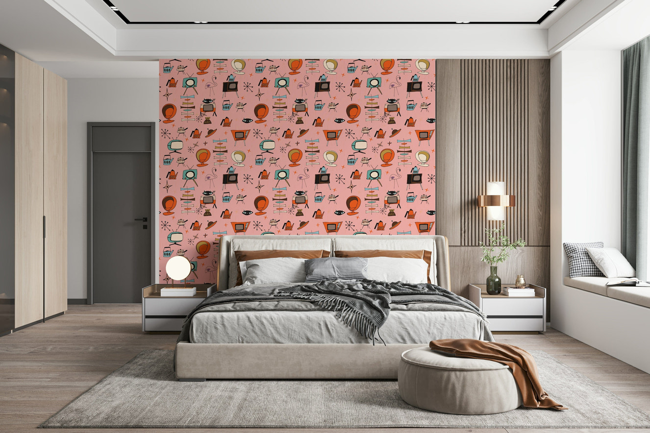Creative Wall Mural, Kitsch Pink Atomic Age Hand-Drawn Design.