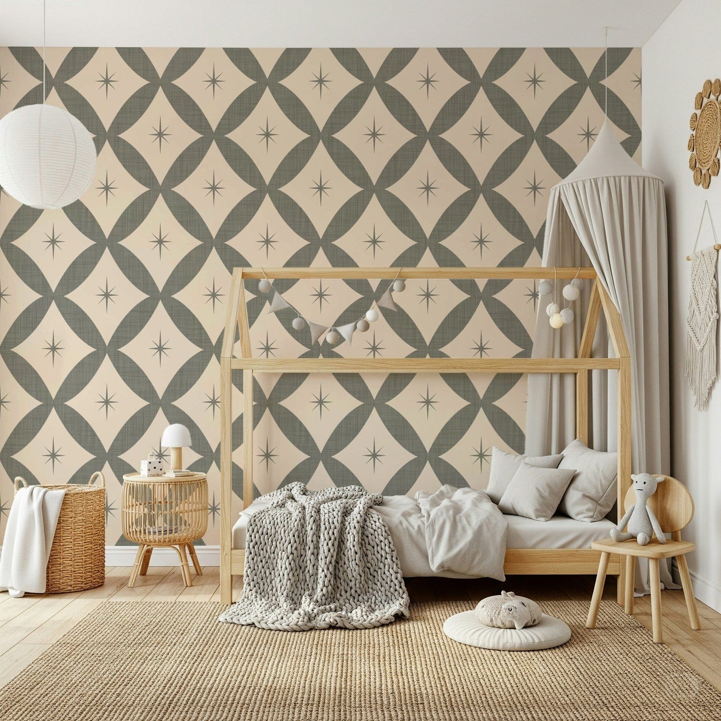 Mid-century atomic wallpaper showcasing a structured diamond design with delicate stars.