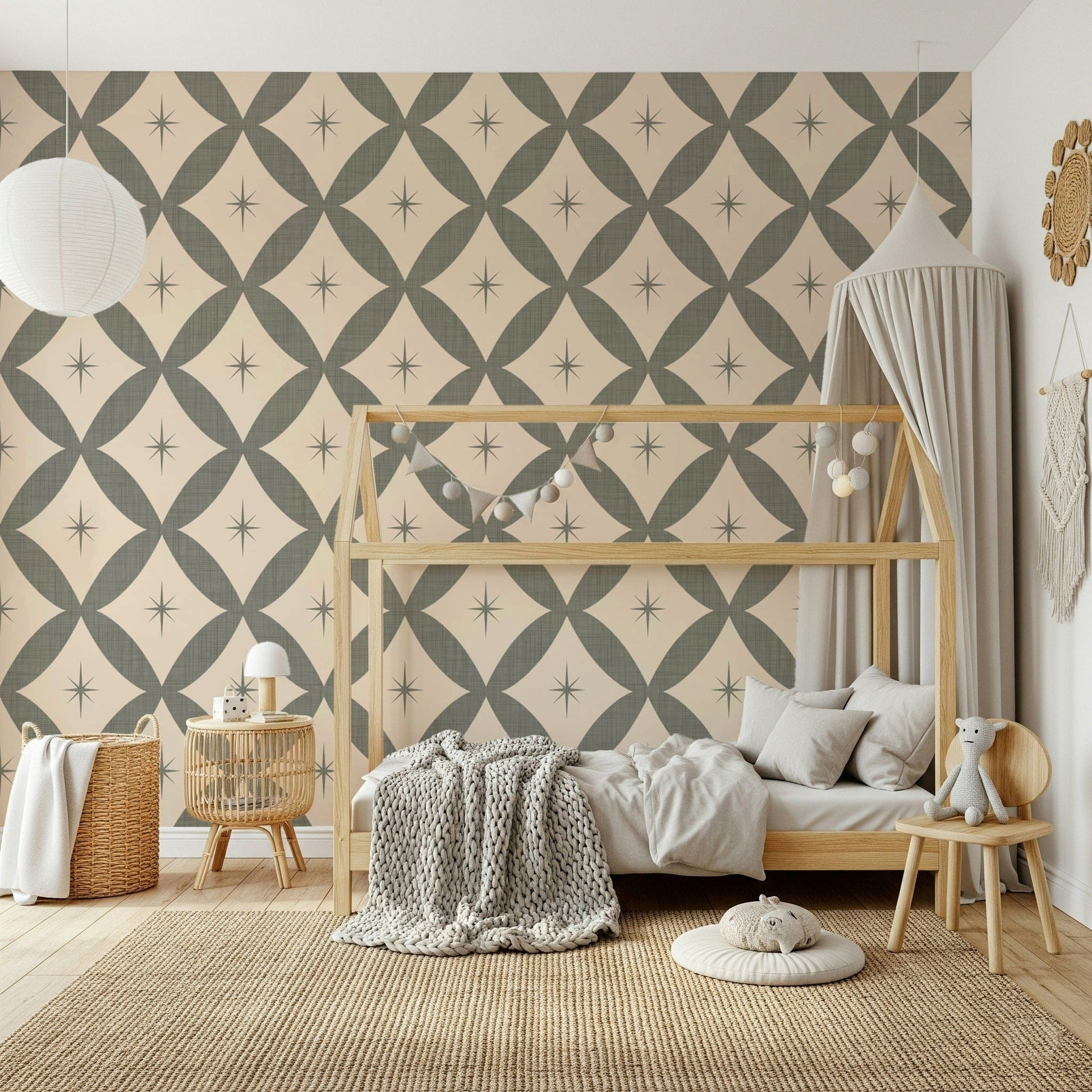 Mid-century atomic wallpaper showcasing a structured diamond design with delicate stars.