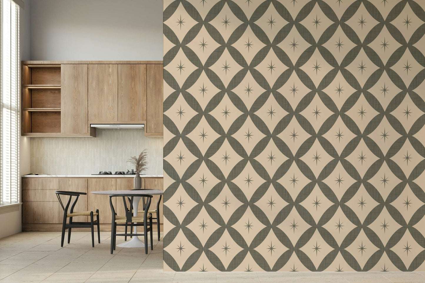 Retro starburst wallpaper combining diamond grid shapes with small atomic-style stars.