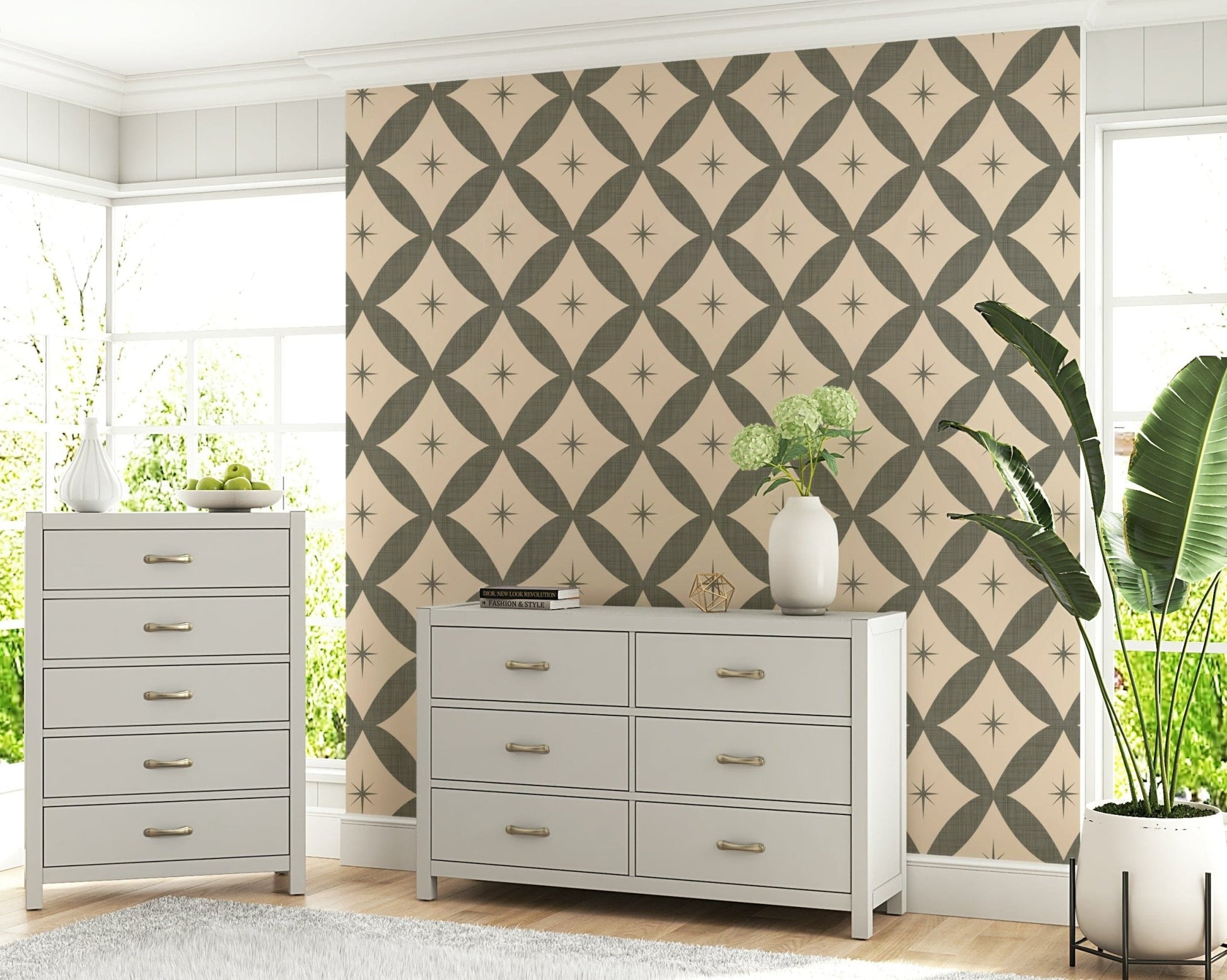 Classic mid-century wallpaper featuring diamond lattice patterns and tiny starbursts.