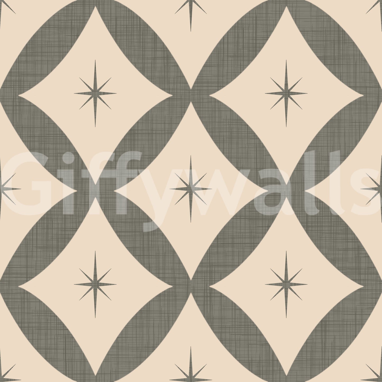 Abstract geometric wallpaper with olive diamonds arranged in a grid with starburst details.