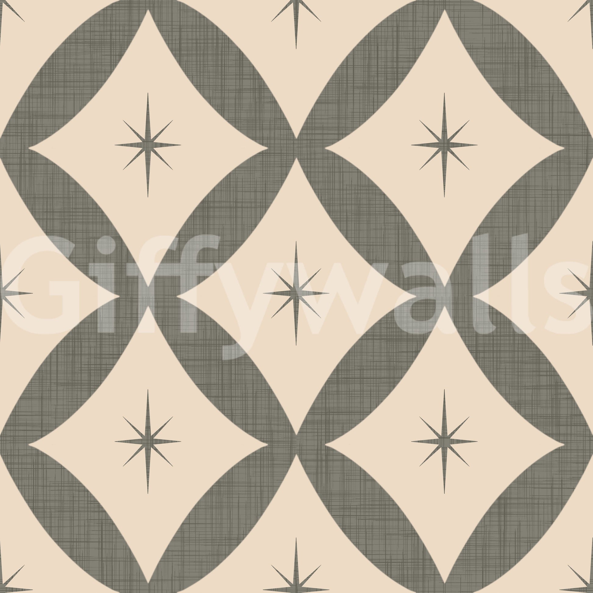 Abstract geometric wallpaper with olive diamonds arranged in a grid with starburst details.