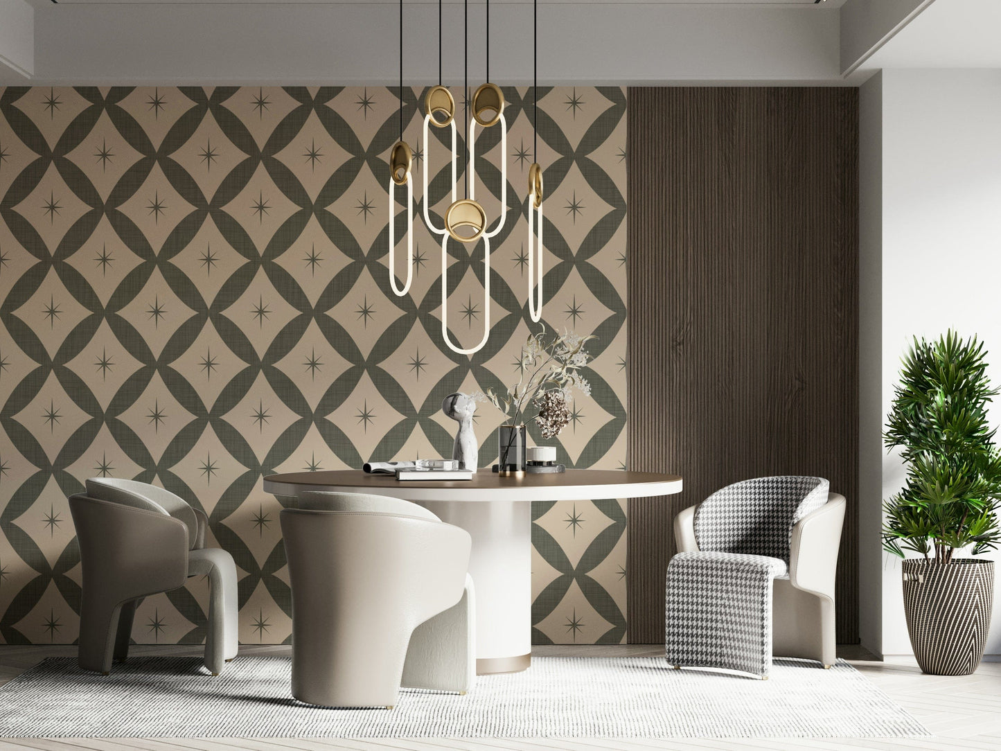 Patterned wallpaper with repeating diamond shapes and soft atomic star embellishments.
