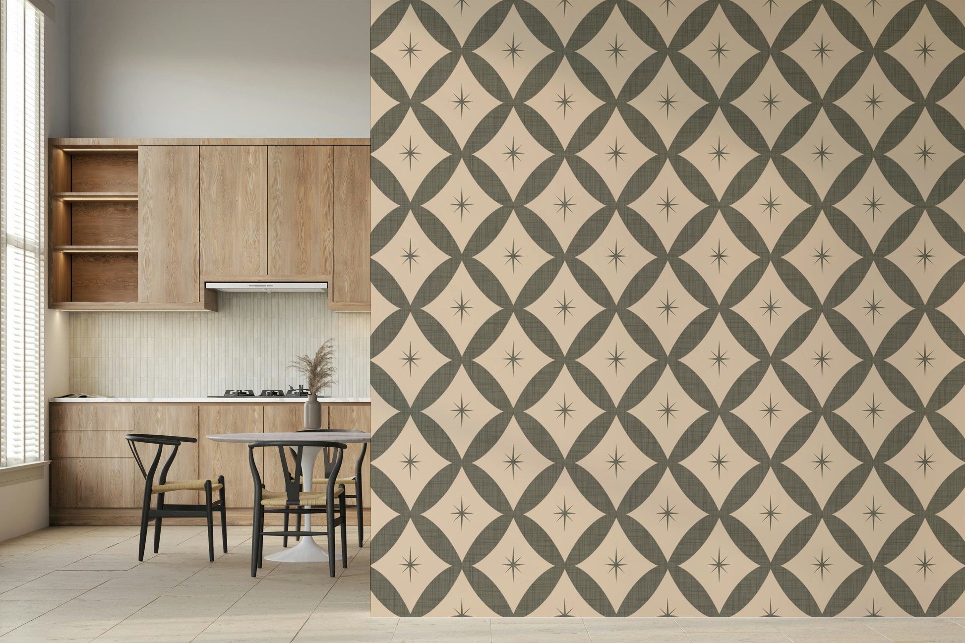 Retro starburst wallpaper combining diamond grid shapes with small atomic-style stars.