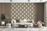 Decorative wallpaper with green geometric diamonds and minimalist atomic star touches.