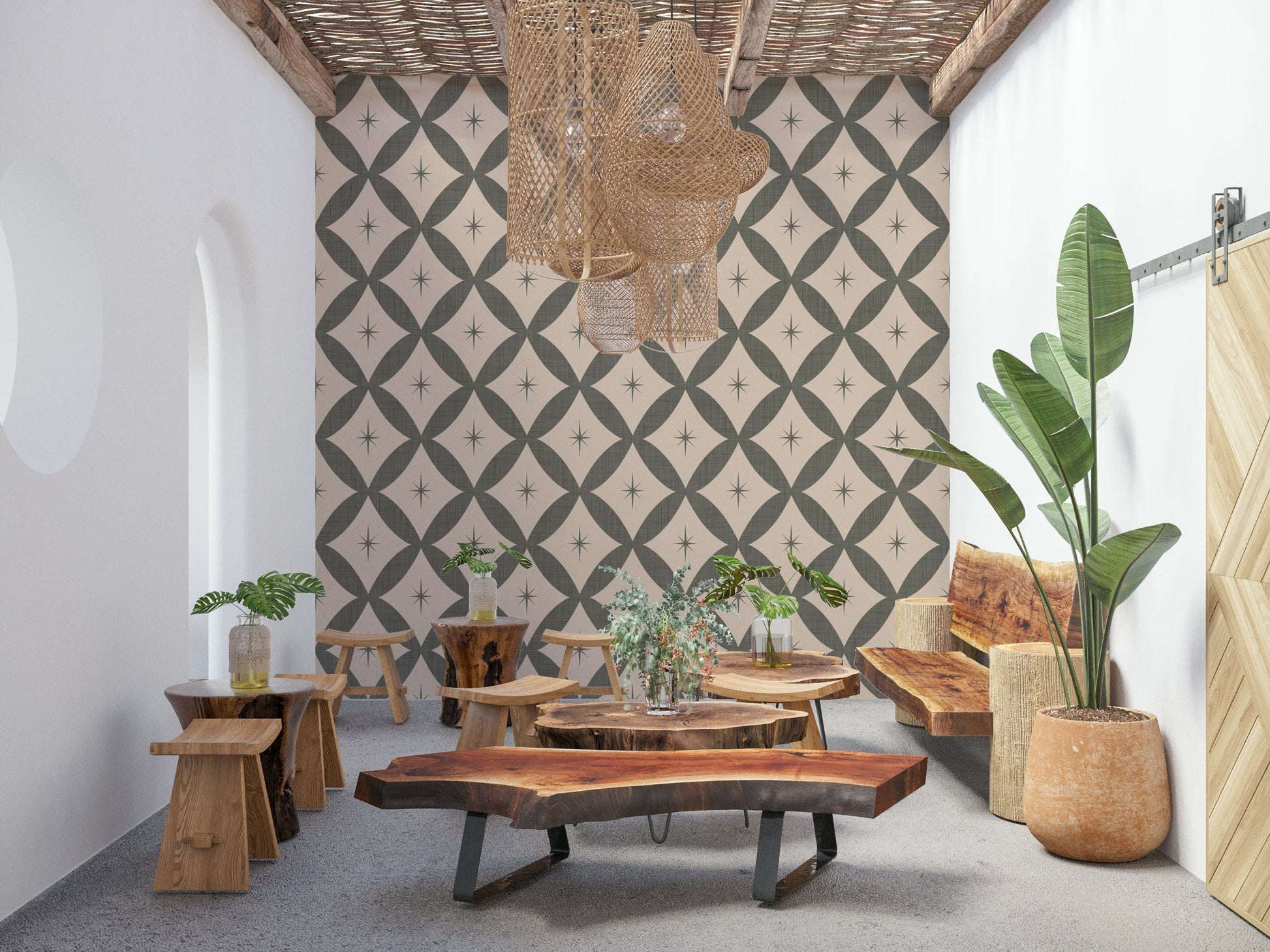 Geometric retro wallpaper with interlocking diamond shapes and subtle atomic star details.