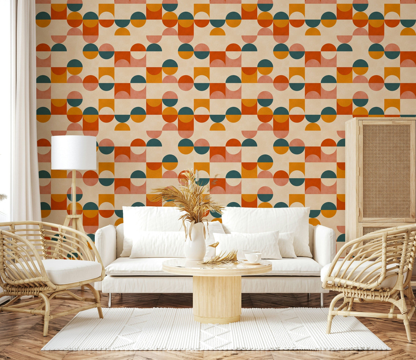 Balance Act wall mural: Mid-century geometric shapes, orange, teal, pink, beige.
