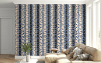 Home office wall decor with abstract forest stripes in blue black cream grey, clean vertical tree forms