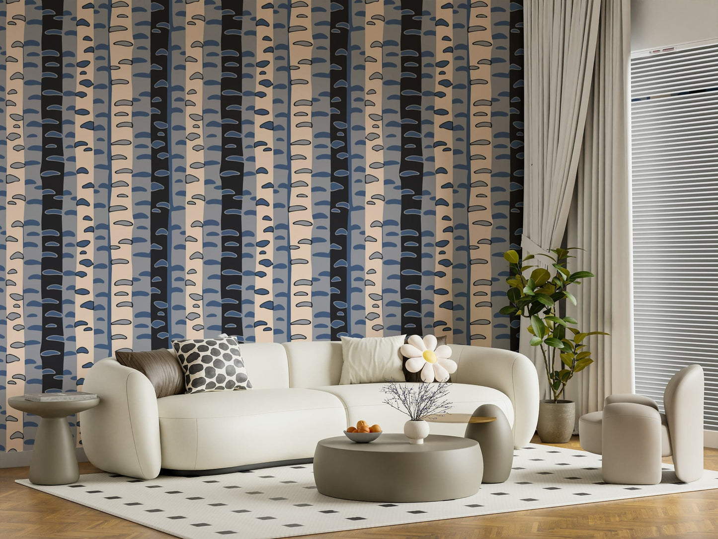 Kids room wall decor with cream and grey birch stripes, simple forest motif with retro styling